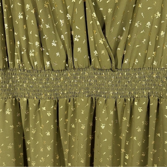 NEW Michael Kors Faux Wrap Dress Women's 1X Green Metallic Smocked Waist Ruffled - Picture 3 of 9